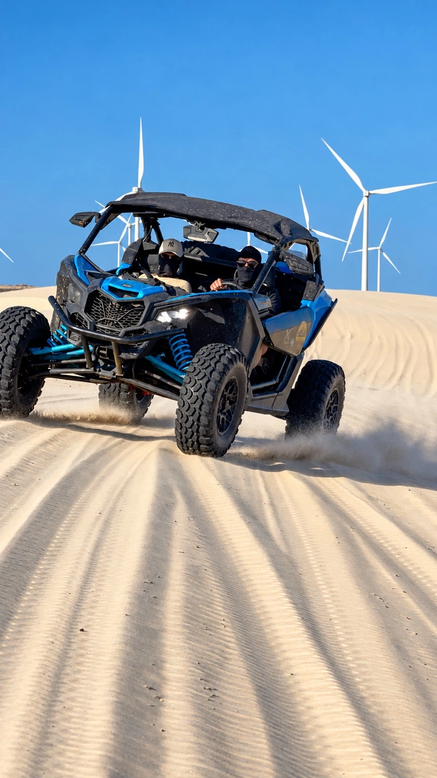 UTV azul em movimento nas dunas, com turbinas eólicas ao fundo