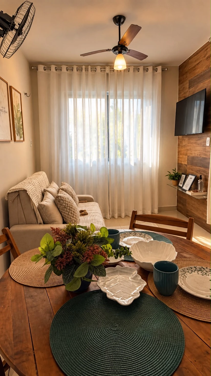 Sala da Casa Lençóis Ville com sofá, televisão e mesa de jantar posta